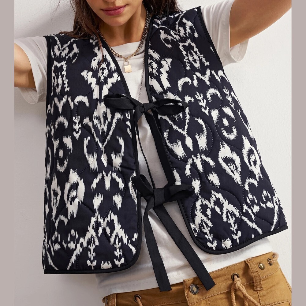Black White Ikat Print Quilted Tie Front V Neck Vest